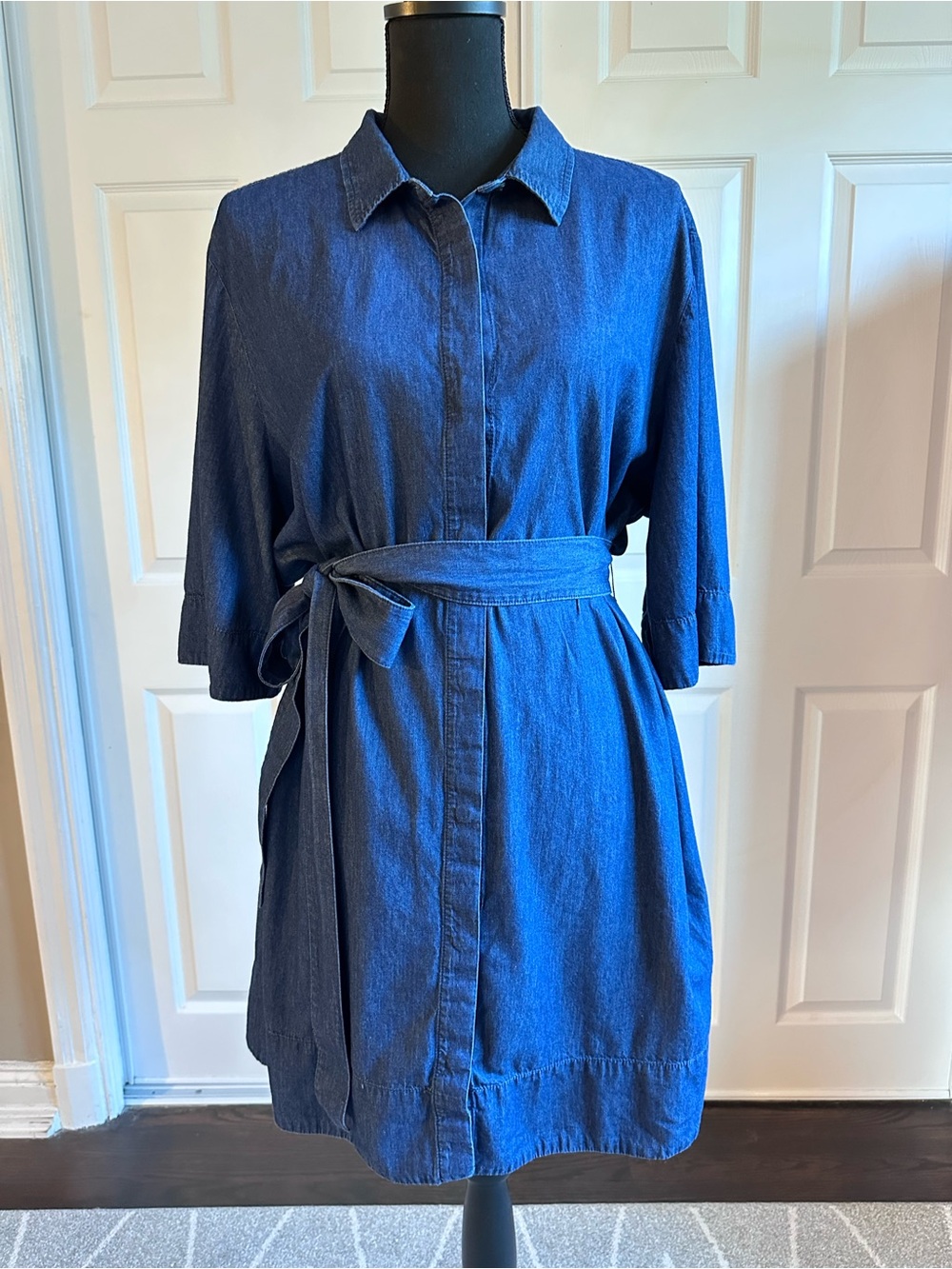 Draper James Blue Chambray Denim Tie Waist Shirt Dress